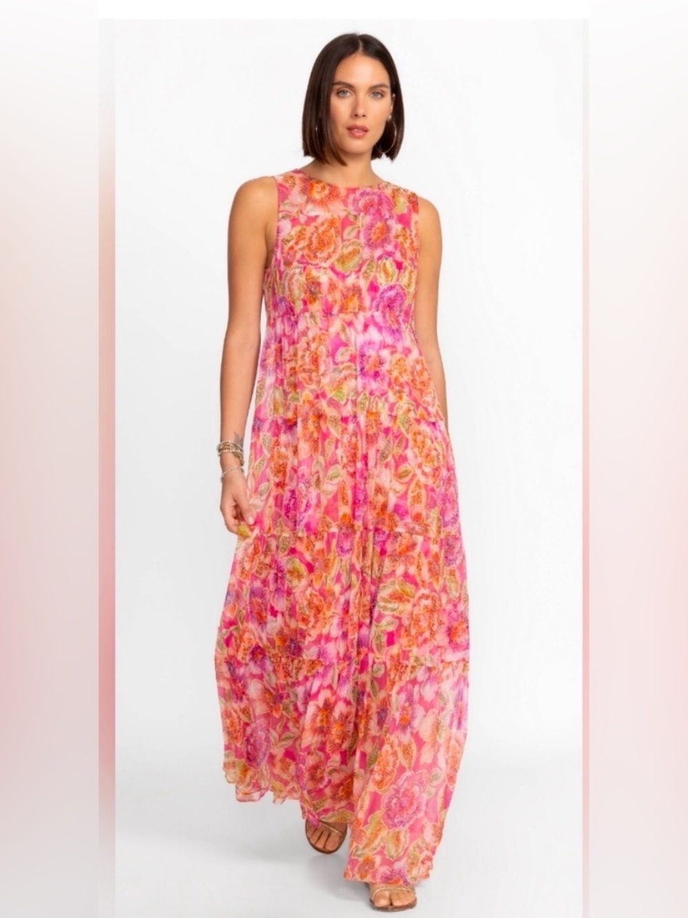 Johnny Was Loran Tiered Sleeveless Floral Maxi Dress Size S